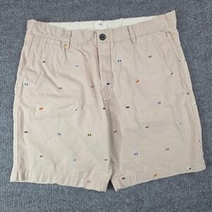 H&M Chino Shorts Mens 36 Beige‎ Nautical Flag Print Cotton Casual Preppy